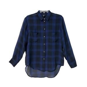 Madewell 100% Silk Blouse Womens Small Button Up Black Blue Plaid Front Pockets